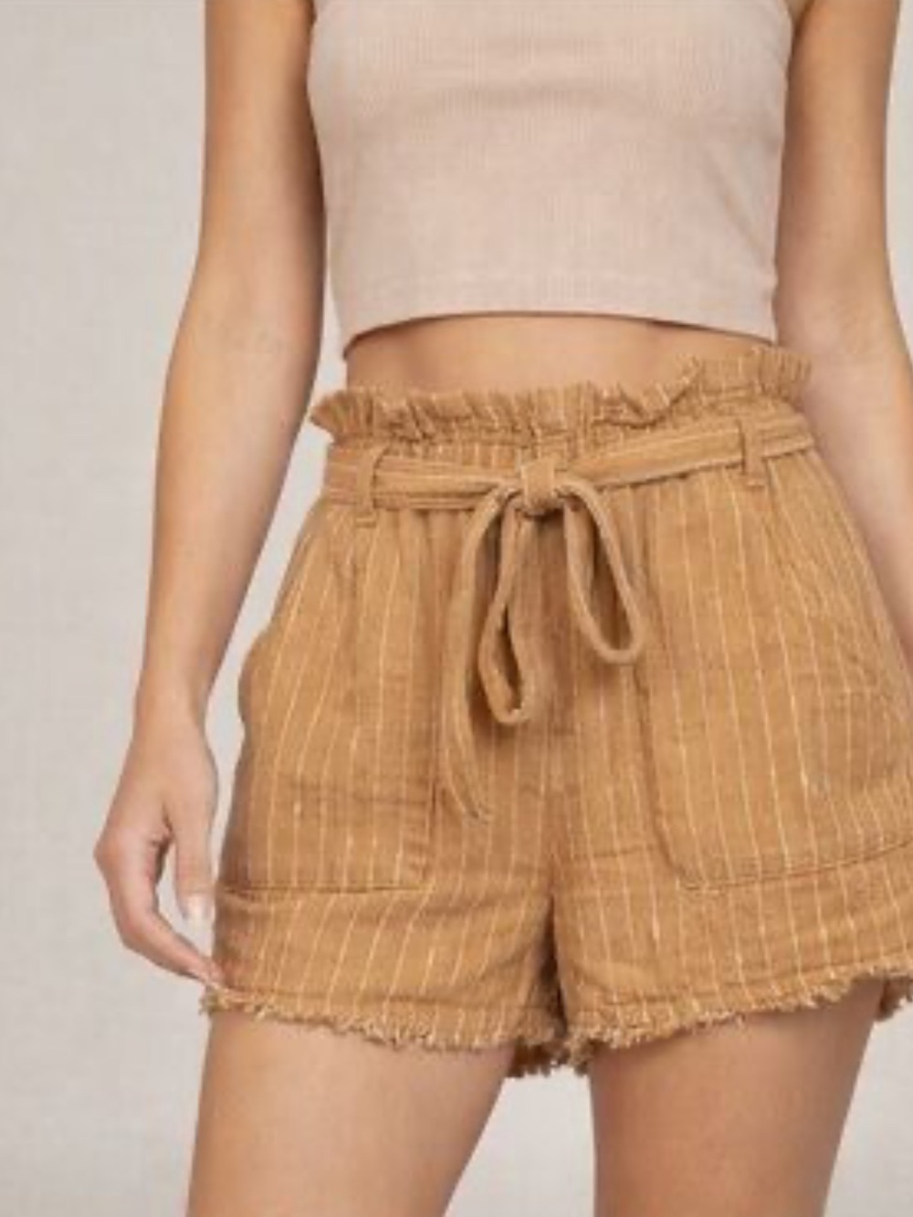 UNIONBAY Tan Striped Paperbag Waist Shorts with Tie